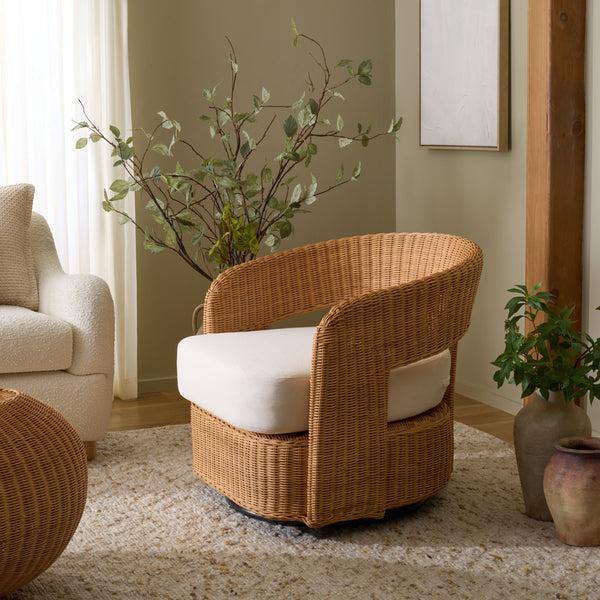 Leanna Rattan Swivel Chair With Handwoven Rattan, Powder‑Coated Metal Frame And Plush Cushion For Cozy Accent Seating