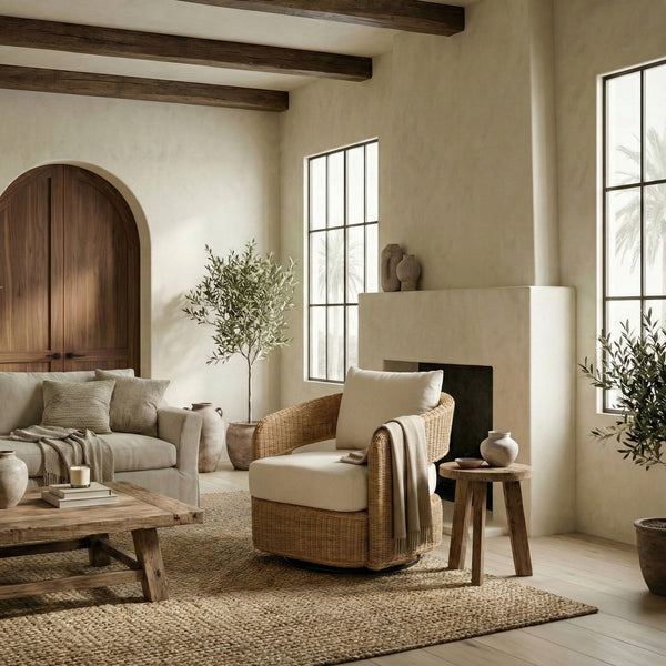 Leanna Rattan Swivel Chair With Handwoven Rattan, Powder‑Coated Metal Frame And Plush Cushion For Cozy Accent Seating