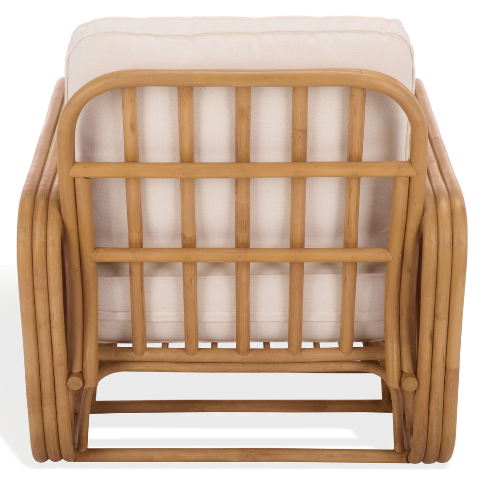 Malina Rattan Pole Accent Chair With Woven Texture And Breathable Cushion For Cozy Coastal Style