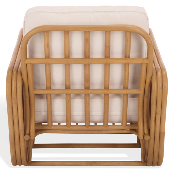 Malina Rattan Pole Accent Chair With Woven Texture And Breathable Cushion For Cozy Coastal Style