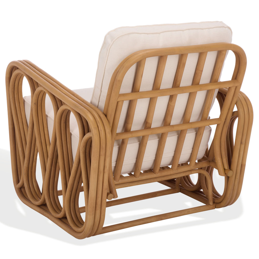 Malina Rattan Pole Accent Chair With Woven Texture And Breathable Cushion For Cozy Coastal Style