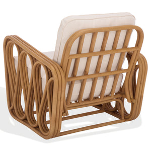 Malina Rattan Pole Accent Chair With Woven Texture And Breathable Cushion For Cozy Coastal Style
