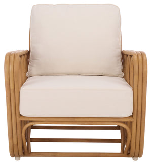 Malina Rattan Pole Accent Chair With Woven Texture And Breathable Cushion For Cozy Coastal Style