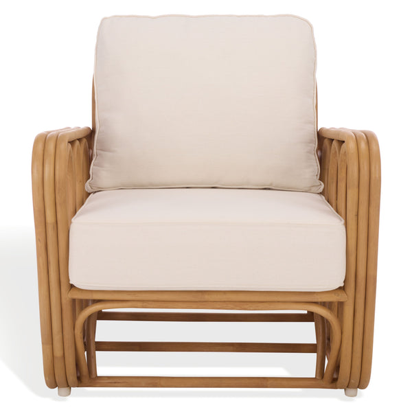 Malina Rattan Pole Accent Chair With Woven Texture And Breathable Cushion For Cozy Coastal Style