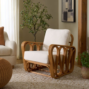 Malina Rattan Pole Accent Chair With Woven Texture And Breathable Cushion For Cozy Coastal Style