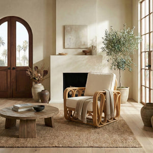 Malina Rattan Pole Accent Chair With Woven Texture And Breathable Cushion For Cozy Coastal Style