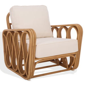 Malina Rattan Pole Accent Chair With Woven Texture And Breathable Cushion For Cozy Coastal Style