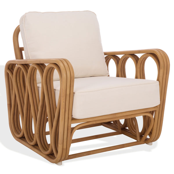 Malina Rattan Pole Accent Chair With Woven Texture And Breathable Cushion For Cozy Coastal Style