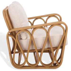Malina Rattan Pole Accent Chair With Woven Texture And Breathable Cushion For Cozy Coastal Style