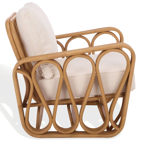 Malina Rattan Pole Accent Chair With Woven Texture And Breathable Cushion For Cozy Coastal Style
