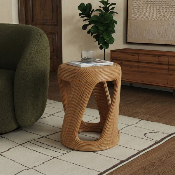 Tyleigh Round Rattan Accent Table With Solid Wood Frame — Handwoven Coastal-Boho Side Table, 20.5" H