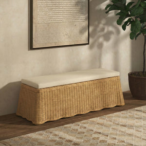 Hylda Rattan Bench — Handwoven Seat With Wood Frame, Coastal Minimalist Entryway & Patio Accent
