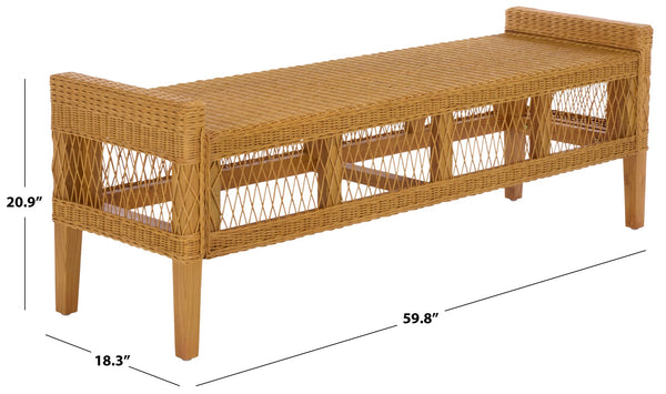 Jimmy Rattan Bench With Solid Wood Frame, Low-Profile Coastal-Boho Seating For Entryway Or Bedroom