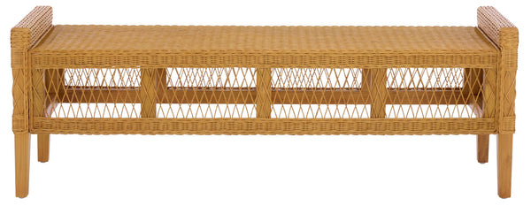 Jimmy Rattan Bench With Solid Wood Frame, Low-Profile Coastal-Boho Seating For Entryway Or Bedroom