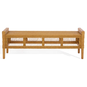 Jimmy Rattan Bench With Solid Wood Frame, Low-Profile Coastal-Boho Seating For Entryway Or Bedroom