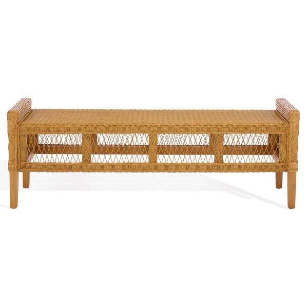 Jimmy Rattan Bench With Solid Wood Frame, Low-Profile Coastal-Boho Seating For Entryway Or Bedroom