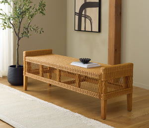 Jimmy Rattan Bench With Solid Wood Frame, Low-Profile Coastal-Boho Seating For Entryway Or Bedroom