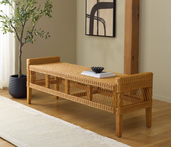 Jimmy Rattan Bench With Solid Wood Frame, Low-Profile Coastal-Boho Seating For Entryway Or Bedroom
