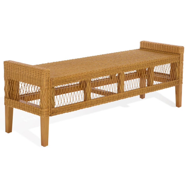 Jimmy Rattan Bench With Solid Wood Frame, Low-Profile Coastal-Boho Seating For Entryway Or Bedroom