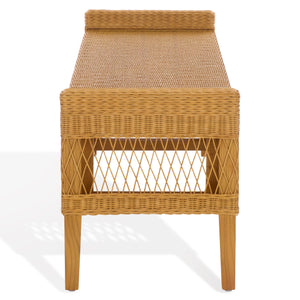 Jimmy Rattan Bench With Solid Wood Frame, Low-Profile Coastal-Boho Seating For Entryway Or Bedroom
