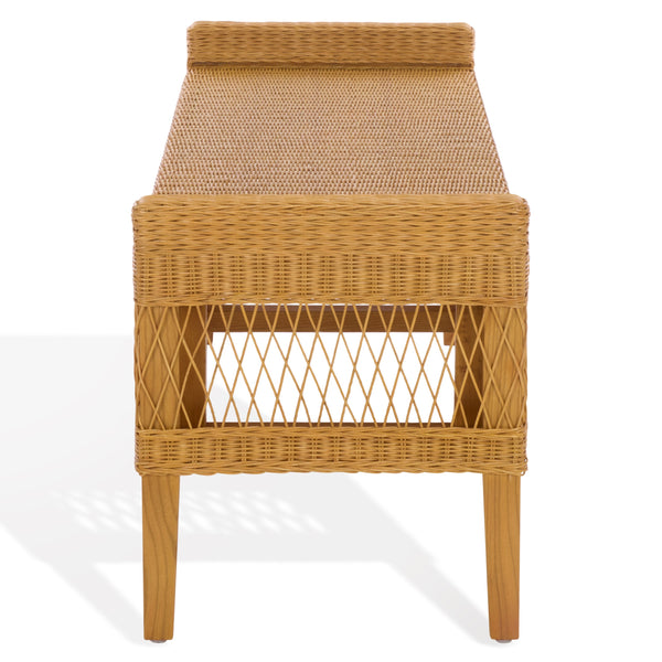 Jimmy Rattan Bench With Solid Wood Frame, Low-Profile Coastal-Boho Seating For Entryway Or Bedroom