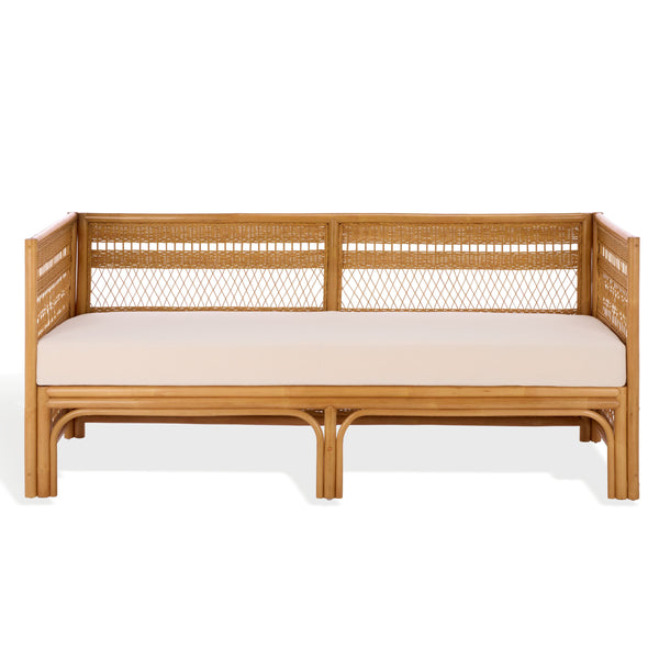 Shawnee Rattan Loveseat | Coastal White Woven Two-Seater With Plush Cushions & Eco Wood Frame