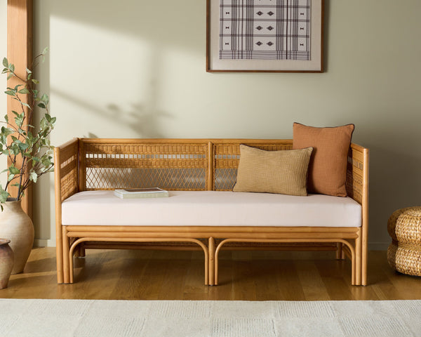 Shawnee Rattan Loveseat | Coastal White Woven Two-Seater With Plush Cushions & Eco Wood Frame