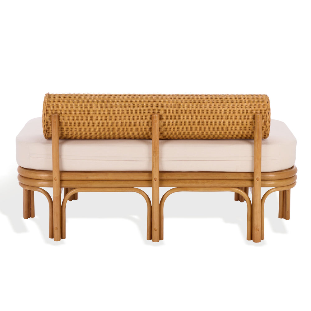 Fowley Rattan Bench White-Toned Coastal Accent With Cushioned Seat, Solid Wood Frame, Versatile Use
