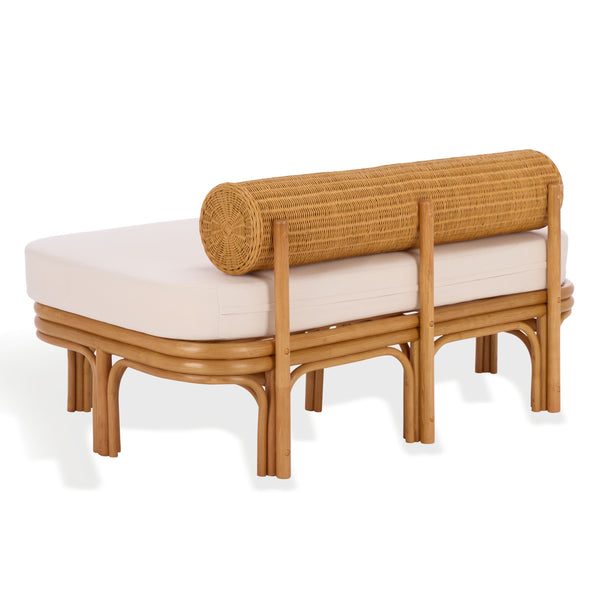 Fowley Rattan Bench White-Toned Coastal Accent With Cushioned Seat, Solid Wood Frame, Versatile Use