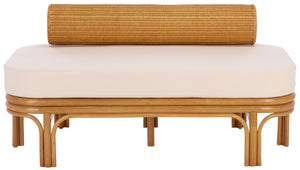 Fowley Rattan Bench White-Toned Coastal Accent With Cushioned Seat, Solid Wood Frame, Versatile Use