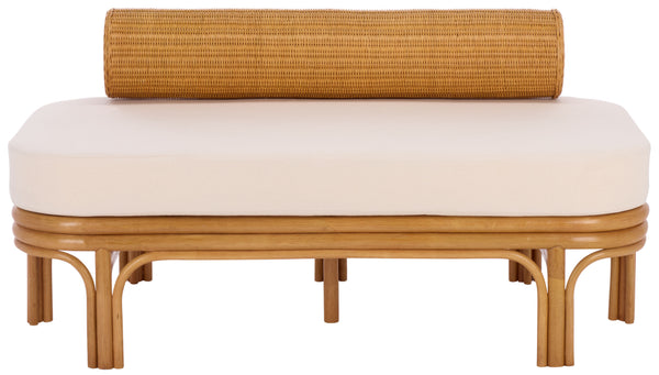 Fowley Rattan Bench White-Toned Coastal Accent With Cushioned Seat, Solid Wood Frame, Versatile Use