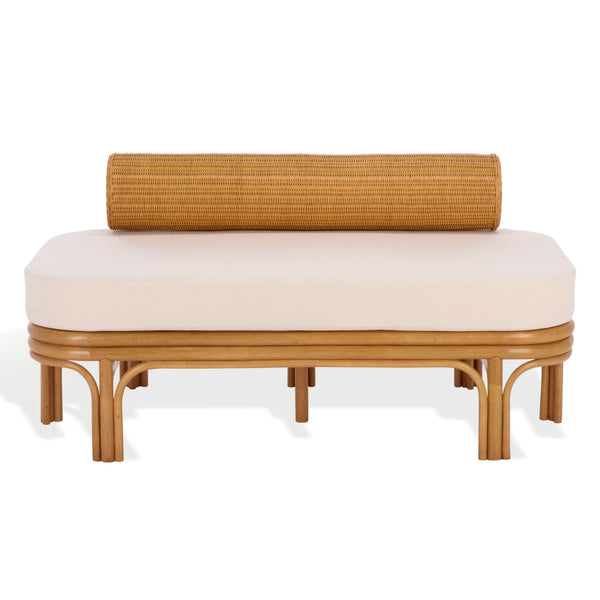 Fowley Rattan Bench White-Toned Coastal Accent With Cushioned Seat, Solid Wood Frame, Versatile Use