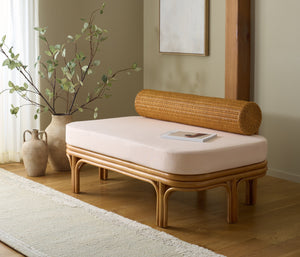 Fowley Rattan Bench White-Toned Coastal Accent With Cushioned Seat, Solid Wood Frame, Versatile Use