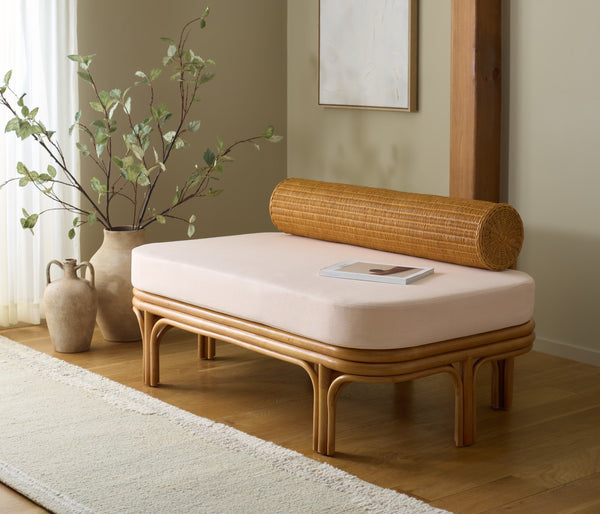 Fowley Rattan Bench White-Toned Coastal Accent With Cushioned Seat, Solid Wood Frame, Versatile Use