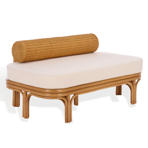 Fowley Rattan Bench White-Toned Coastal Accent With Cushioned Seat, Solid Wood Frame, Versatile Use
