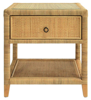 Safavieh Lambert Woven Rattan Nightstand with Tempered Glass Top Single Drawer Coastal Boho Bedroom CWK4006A