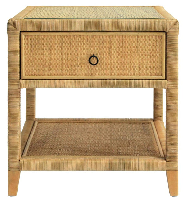 Safavieh Lambert Woven Rattan Nightstand with Tempered Glass Top Single Drawer Coastal Boho Bedroom CWK4006A