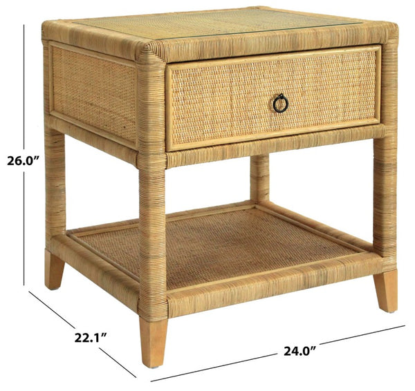 Safavieh Lambert Woven Rattan Nightstand with Tempered Glass Top Single Drawer Coastal Boho Bedroom CWK4006A