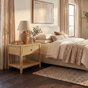 Safavieh Lambert Woven Rattan Nightstand with Tempered Glass Top Single Drawer Coastal Boho Bedroom CWK4006A