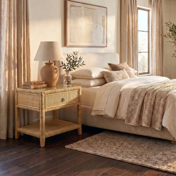 Safavieh Lambert Woven Rattan Nightstand with Tempered Glass Top Single Drawer Coastal Boho Bedroom CWK4006A