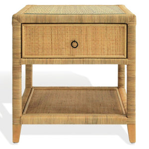 Safavieh Lambert Woven Rattan Nightstand with Tempered Glass Top Single Drawer Coastal Boho Bedroom CWK4006A