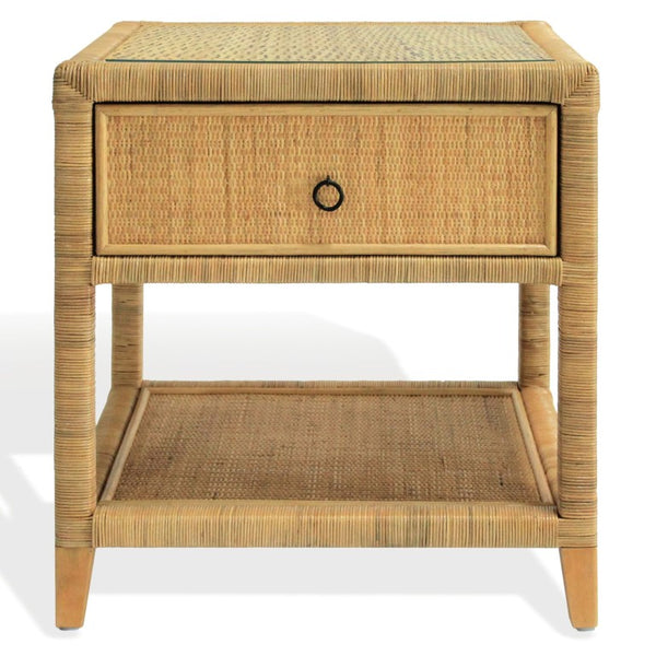 Safavieh Lambert Woven Rattan Nightstand with Tempered Glass Top Single Drawer Coastal Boho Bedroom CWK4006A
