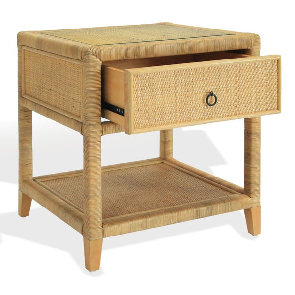 Safavieh Lambert Woven Rattan Nightstand with Tempered Glass Top Single Drawer Coastal Boho Bedroom CWK4006A