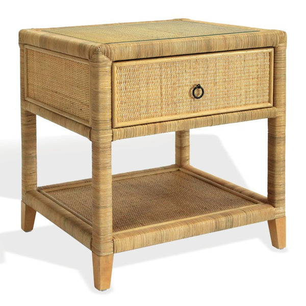 Safavieh Lambert Woven Rattan Nightstand with Tempered Glass Top Single Drawer Coastal Boho Bedroom CWK4006A