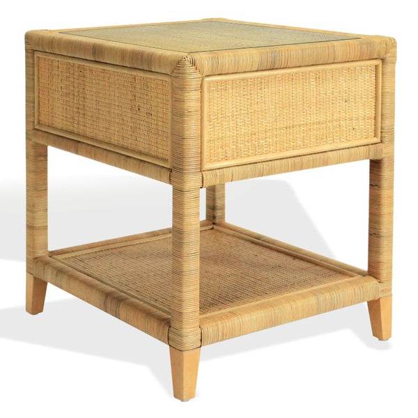 Safavieh Lambert Woven Rattan Nightstand with Tempered Glass Top Single Drawer Coastal Boho Bedroom CWK4006A
