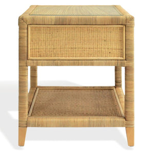 Safavieh Lambert Woven Rattan Nightstand with Tempered Glass Top Single Drawer Coastal Boho Bedroom CWK4006A