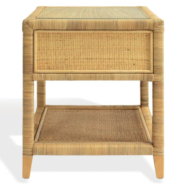 Safavieh Lambert Woven Rattan Nightstand with Tempered Glass Top Single Drawer Coastal Boho Bedroom CWK4006A