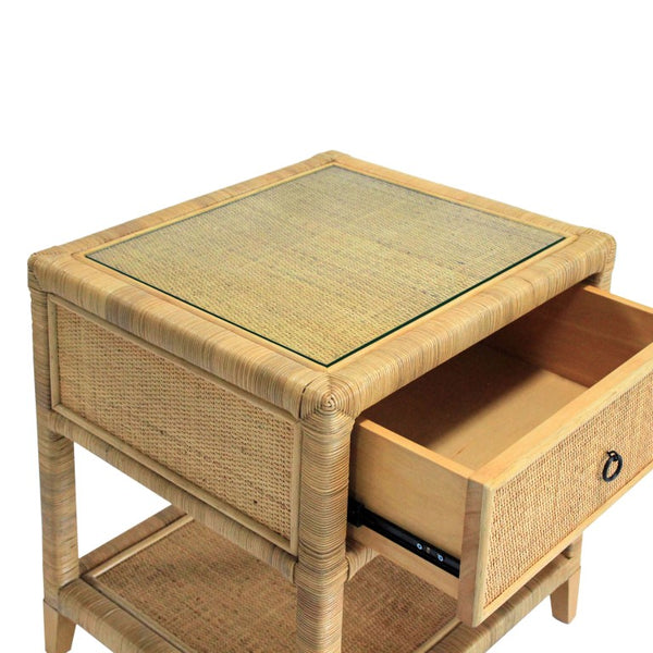 Safavieh Lambert Woven Rattan Nightstand with Tempered Glass Top Single Drawer Coastal Boho Bedroom CWK4006A