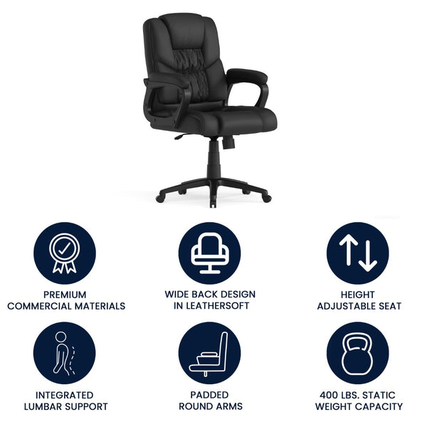 English Elm Flash Big & Tall Ergonomic Swivel Office Chair - 400 lb Capacity, Padded Arms & Adjustable Height Black CX-1179H-BK-GG