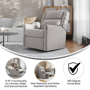 English Elm Cash Swivel Glider Rocker Recliner Chair - 3-in-1 Comfort for Living Room, Bedroom, or Nursery Use Light Gray CY-RAC-536-LTGRY-GG